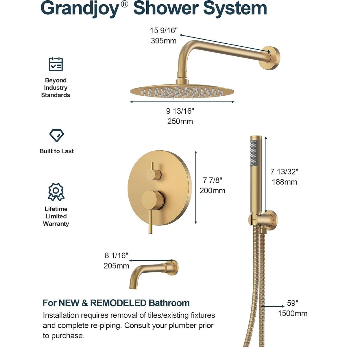 Shower Trim Kit Tub Spout Handheld 10" Rainfall Brushed Gold Pressure Balance