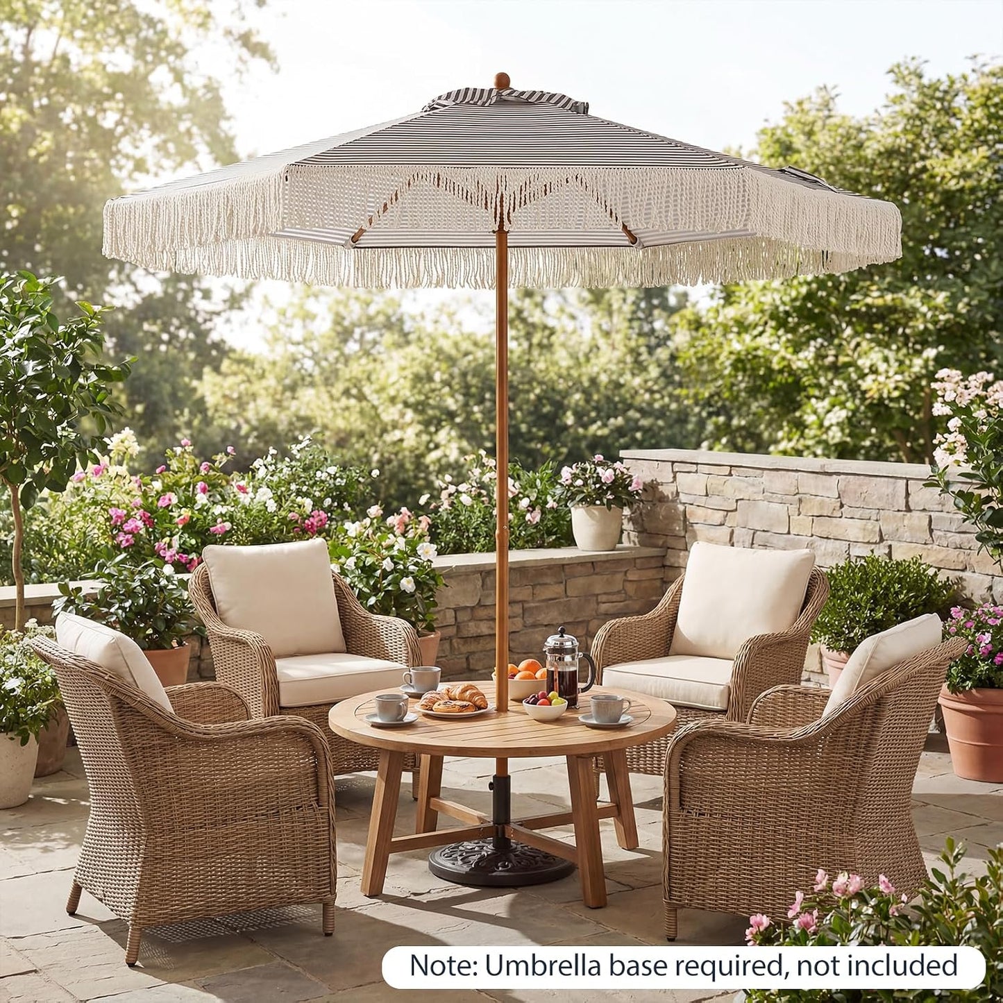 Tangkula 7 Ft Boho Patio Umbrella with Fringe 2 Tier Wood Grain Pole Green/Tan