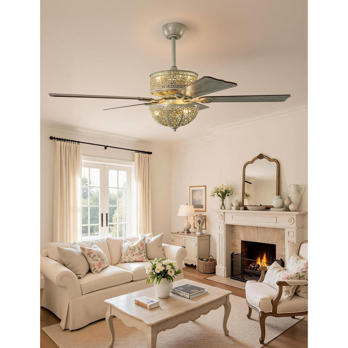 52" Antique Champagne Patina Crystal Chandelier Ceiling Fan 5-Blade Remote