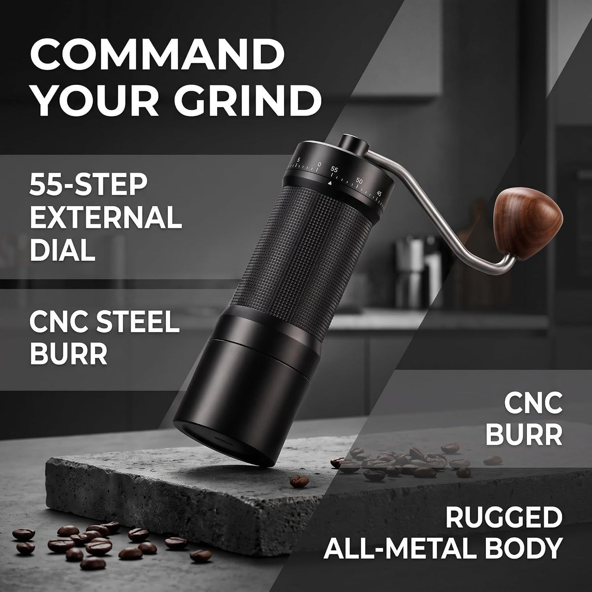7-Star Burr Manual Coffee Grinder 55-Step Dial All-Metal 0.1mg Click Travel