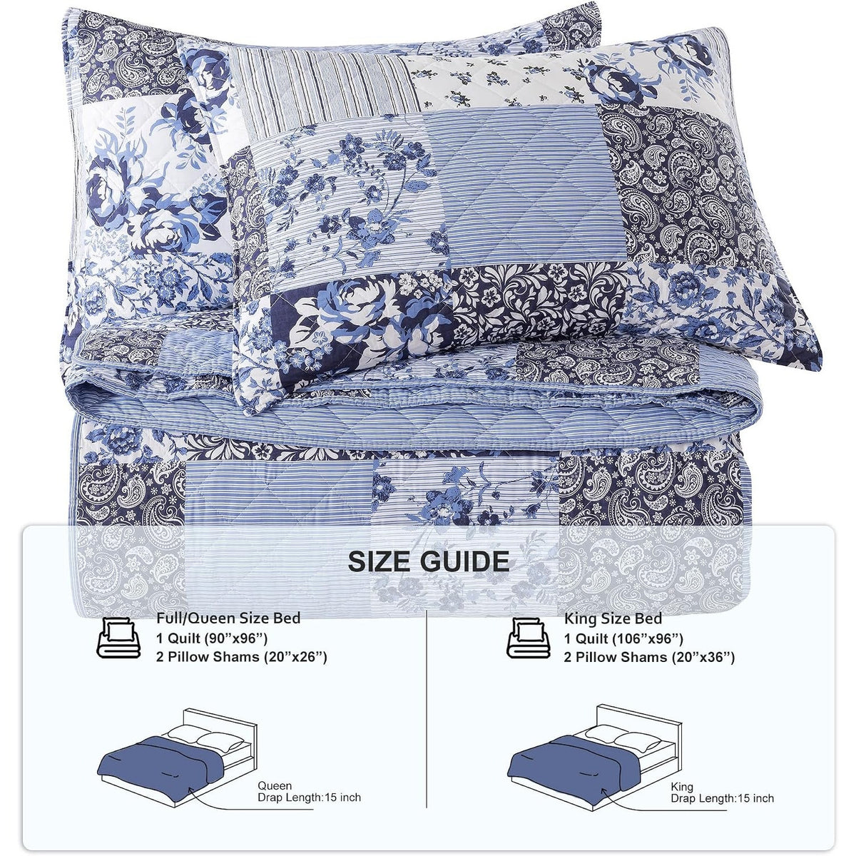 Palassio 100% Cotton Reversible Patchwork Quilt King Blue Grey Floral 3 Piece