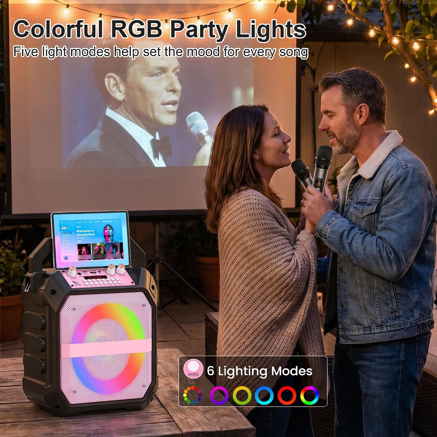 60W Karaoke Machine Wireless Microphones Bluetooth PA Speaker Pink LED Lights