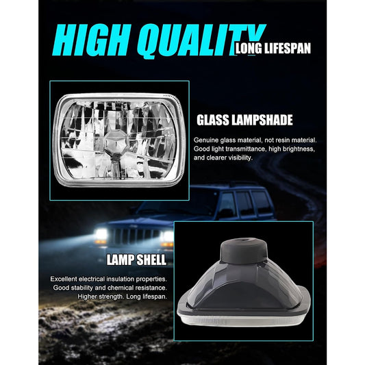 5x7 7x6 H6054 Glass Sealed Beam Headlight Housing H4 LED Bulbs 6500K Pair Kit