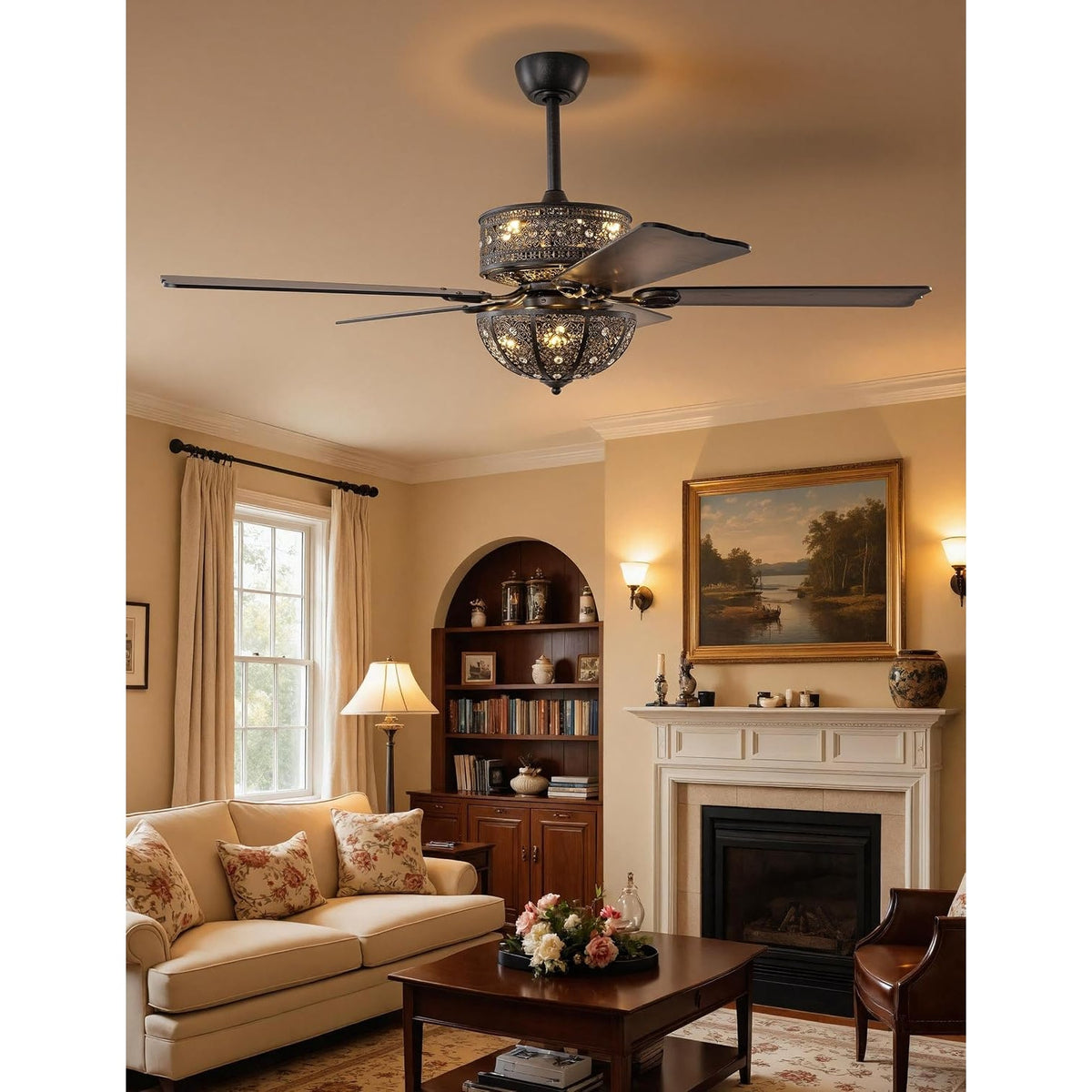 Vivlite 52" Vintage Chandelier Ceiling Fan Light Antique Bronze Crystal 5 Blade