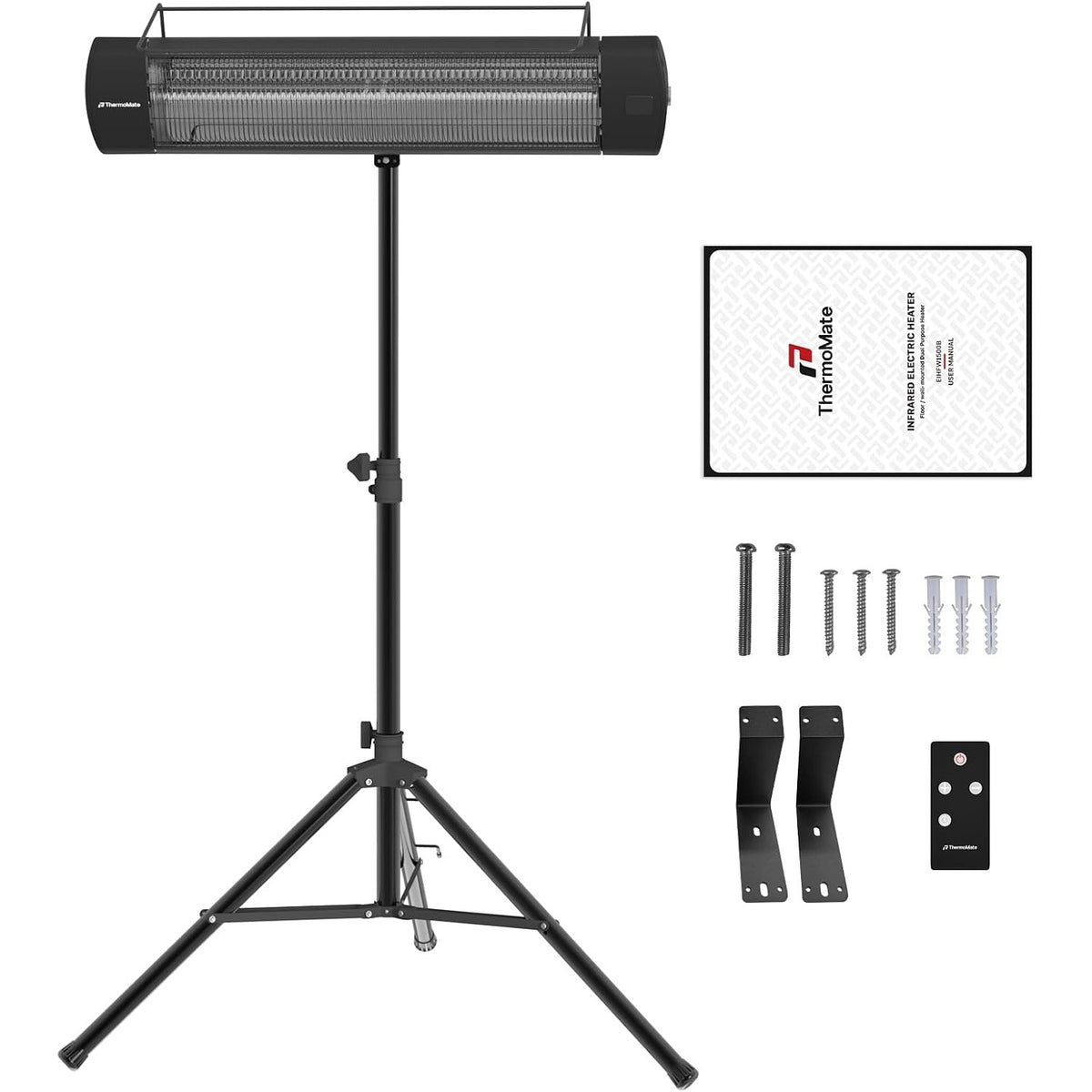 ThermoMate 1500W Infrared Patio Heater with Tripod IP65 Remote 24H Timer Black
