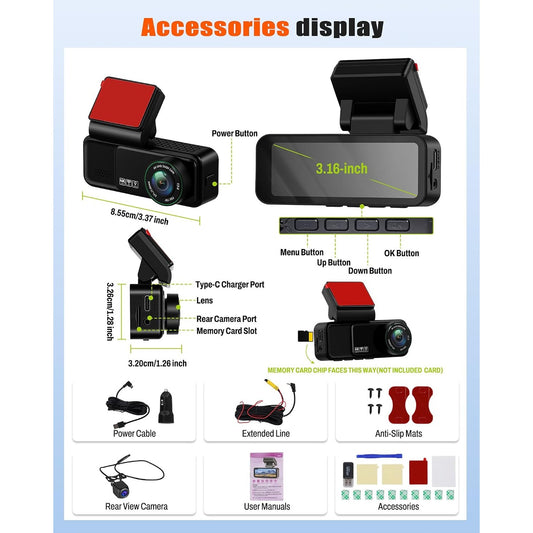 4K+2K Dual Dash Cam Front and Rear WiFi GPS ADAS Night Vision Parking Monitor