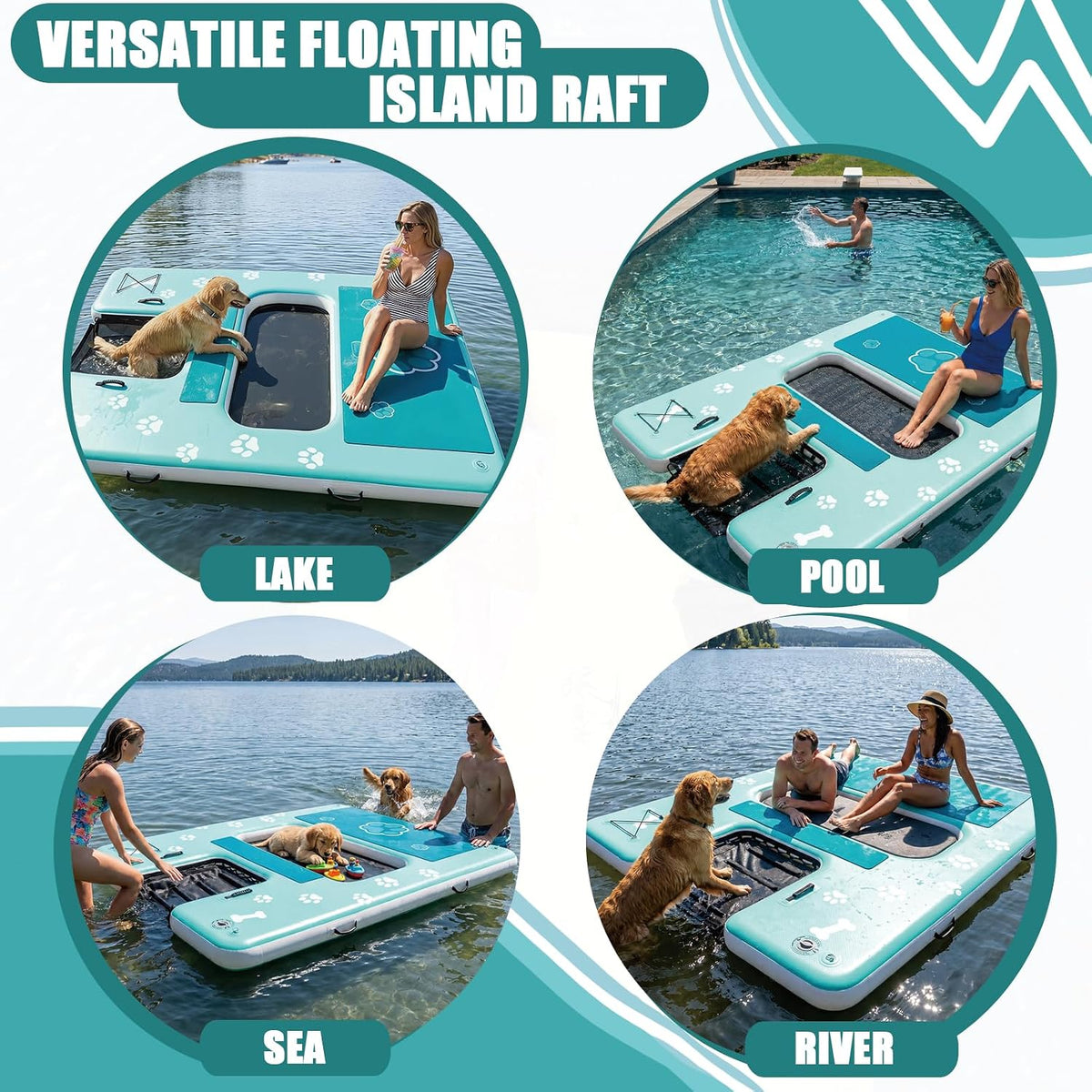 VEBESYET 8x6FT Inflatable Floating Dock Dog Ramp Mesh Swim Platform 6in