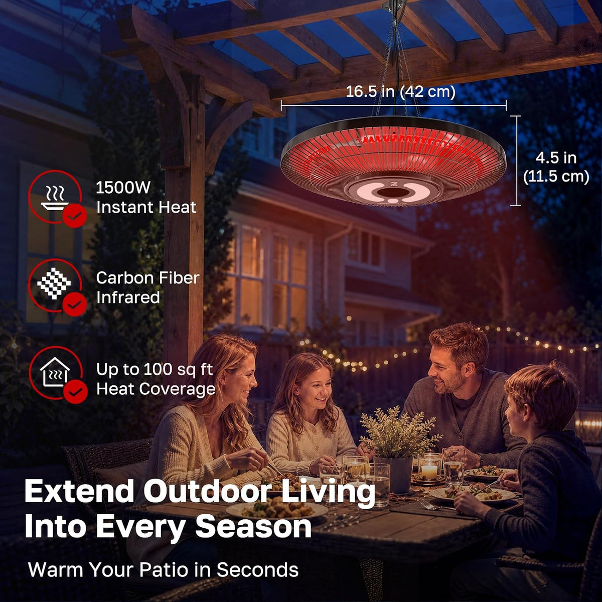 ThermoMate 1500W Hanging Patio Heater IP65 Infrared Ceiling Mount Black