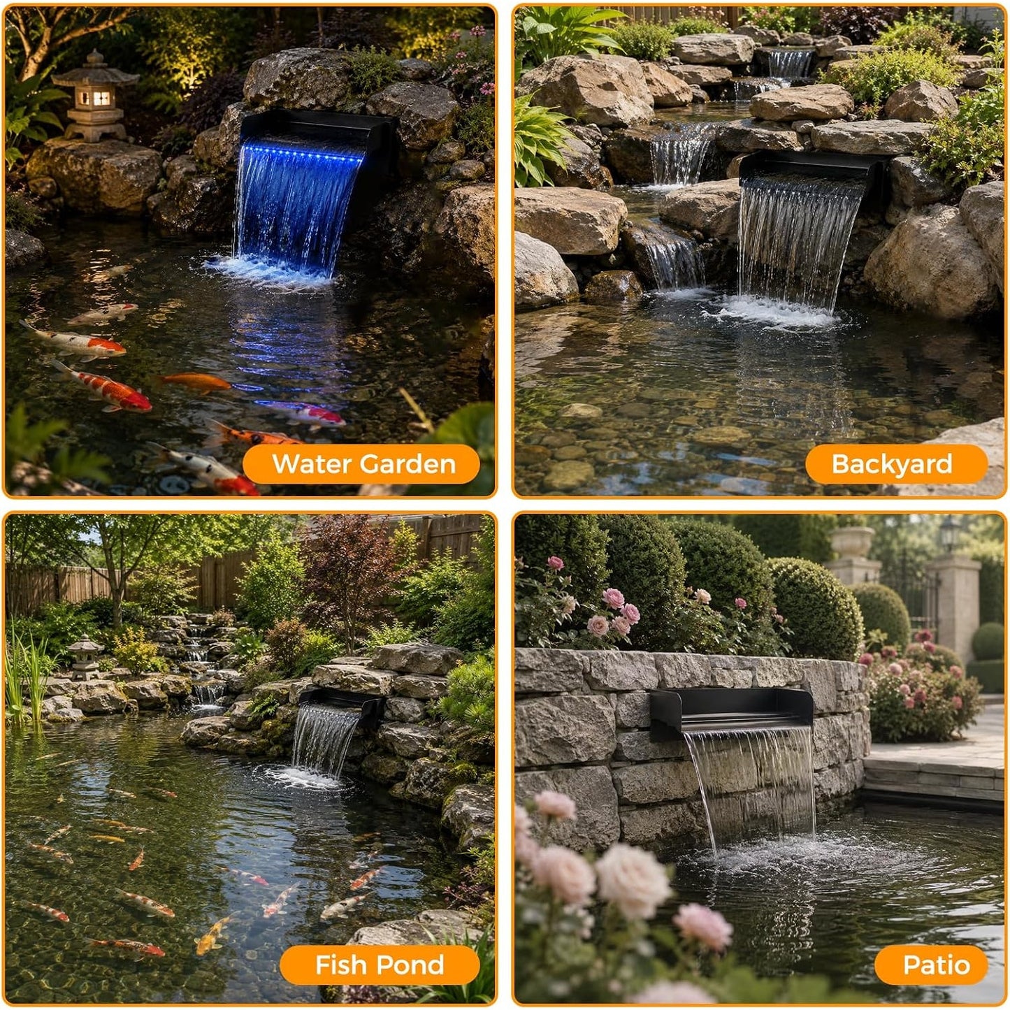 Pond Waterfall Spillway Kit 12" 304 Stainless Steel 660GPH Pump LED Lights