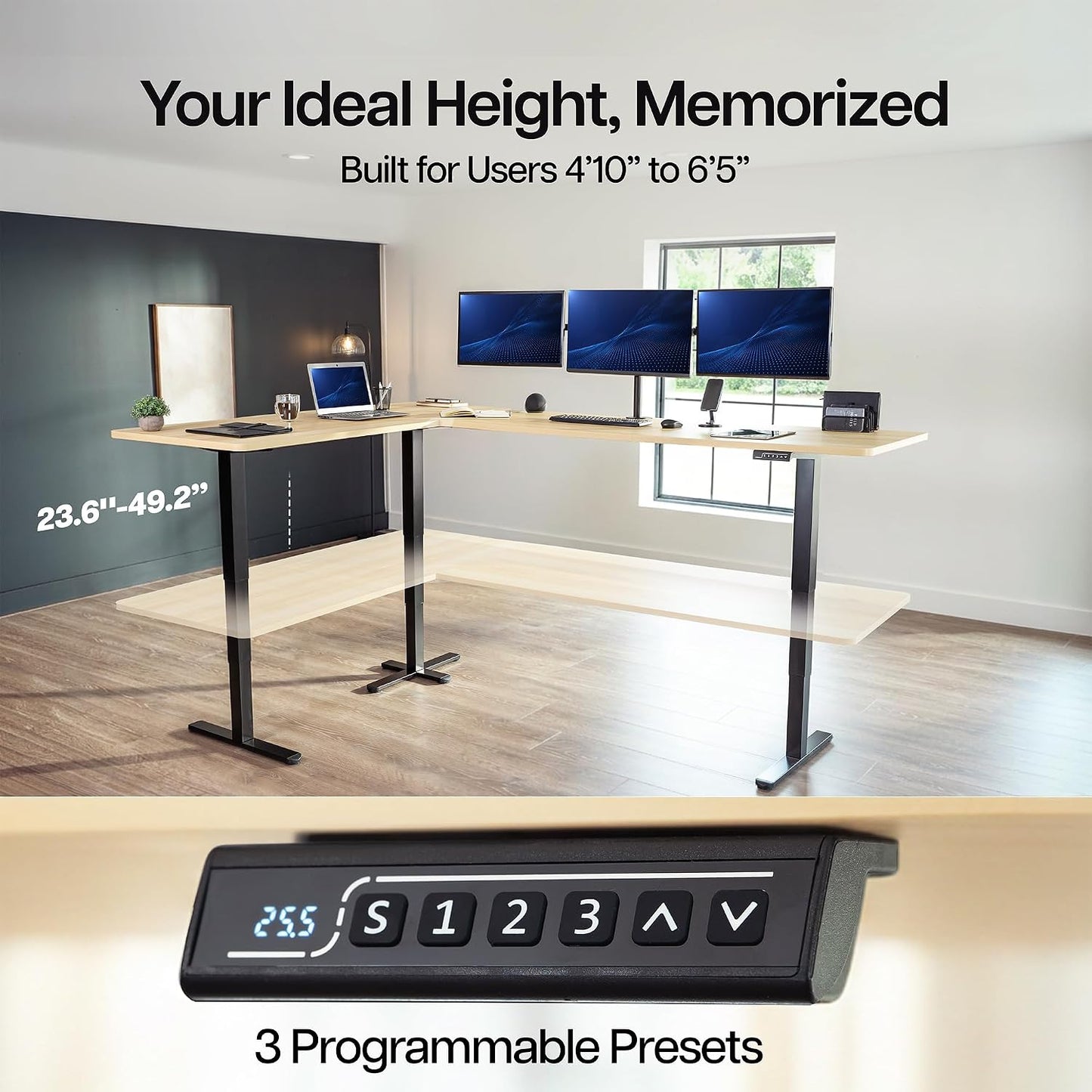 VIVO Electric Triple Motor 3 Leg L Shape Standing Desk Frame Only DESK-E-300B (TableTop, NOT Included)