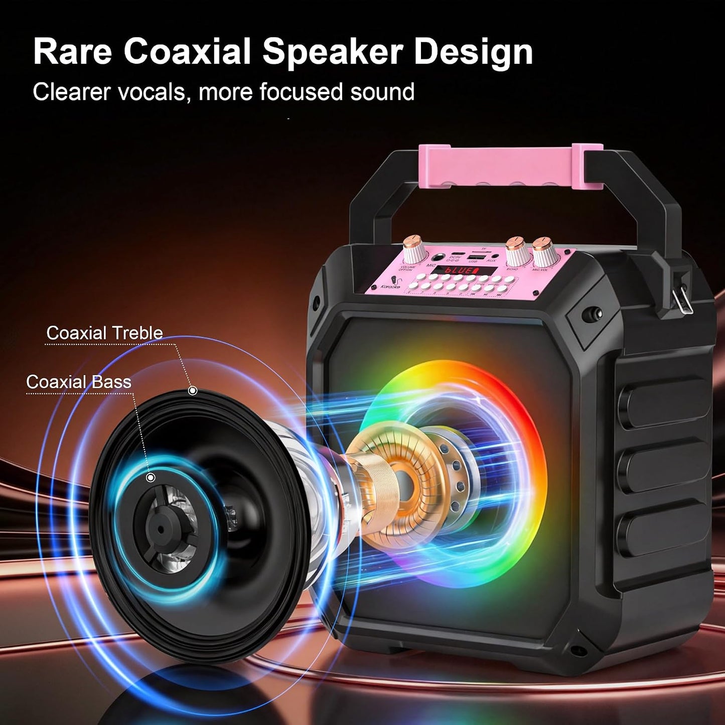 60W Karaoke Machine Wireless Microphones Bluetooth PA Speaker Pink LED Lights