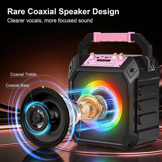 60W Karaoke Machine Wireless Microphones Bluetooth PA Speaker Pink LED Lights