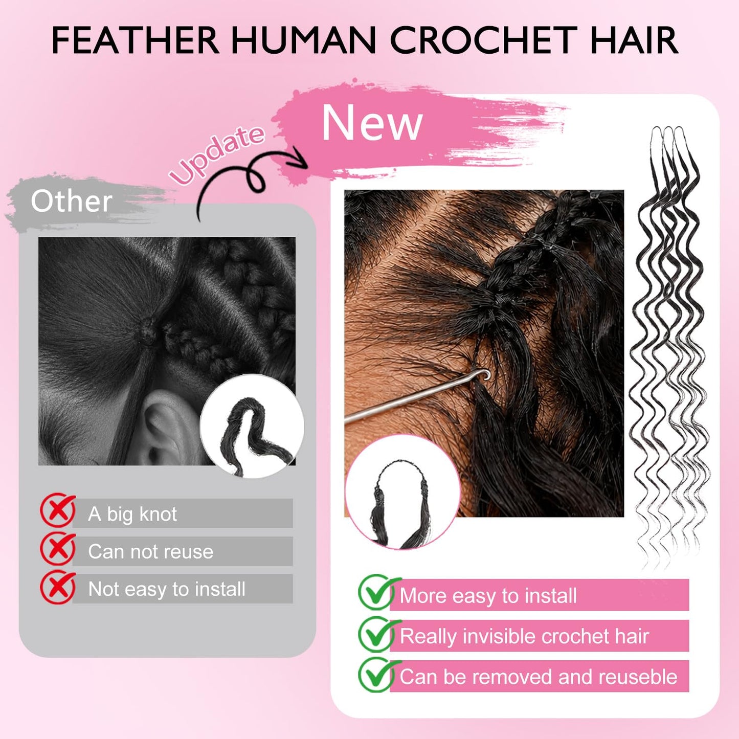 Burmese Curly Feather Crochet Human Hair 18 Inch 60g Knotless Natural Black