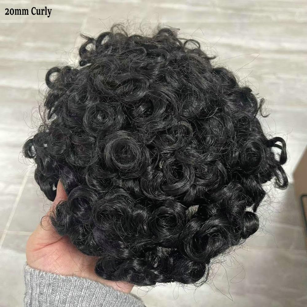 20MM Curly Mens Toupee 8x10 Mono PU 100% Human Hair 1B Hair Replacement