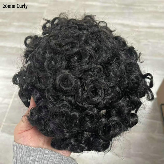 20MM Curly Mens Toupee 8x10 Mono PU 100% Human Hair 1B Hair Replacement