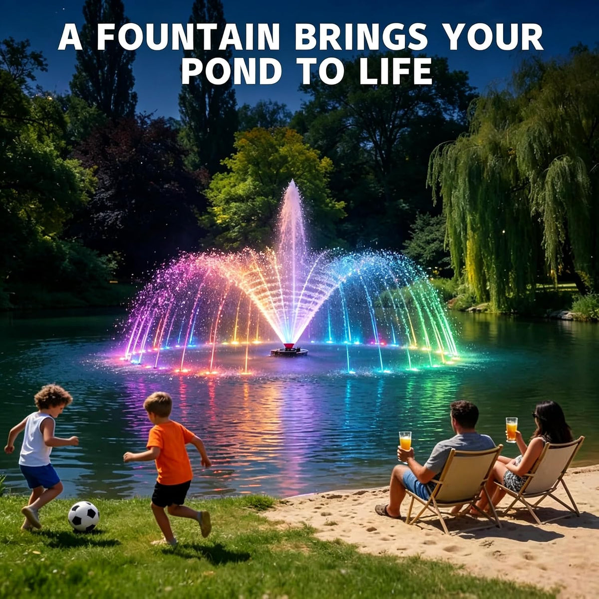 1HP 15000 GPH Pond Fountain Aerator RGB Lights 750W 110V 100FT Cord Timer