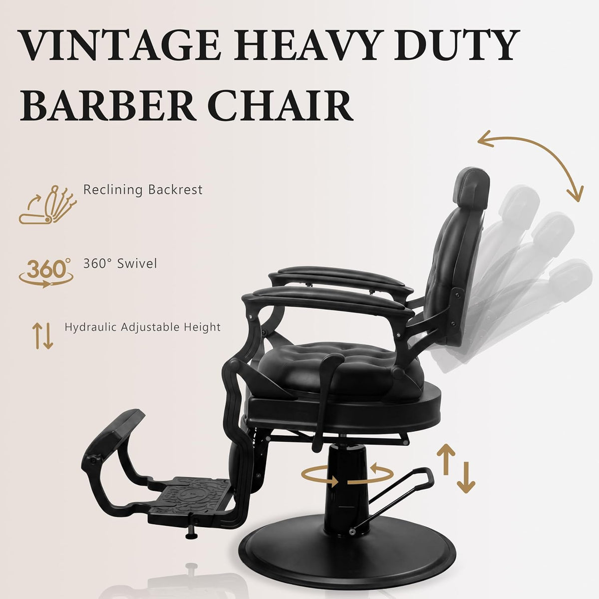 Antlu Vintage Barber Chair, BLACK Heavy Duty 700lb Reclining Salon Stylist