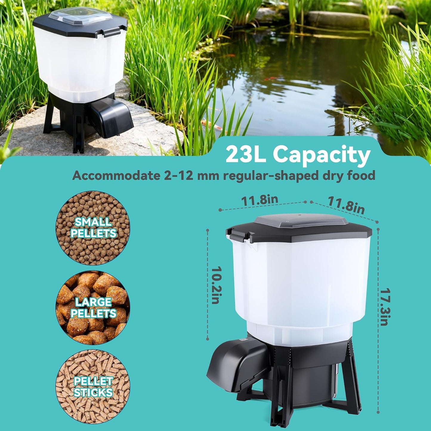 Solar Automatic Pond Fish Feeder 23L 6 Gallon Koi Timer Battery AC Outdoor