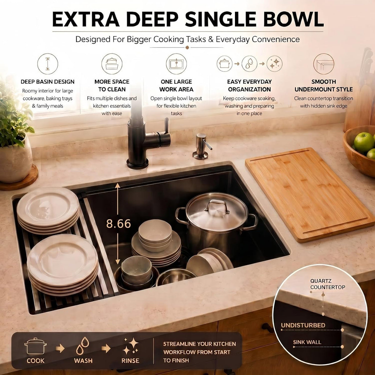 30in Black Stainless Steel Undermount Workstation Kitchen Sink Single Bowl