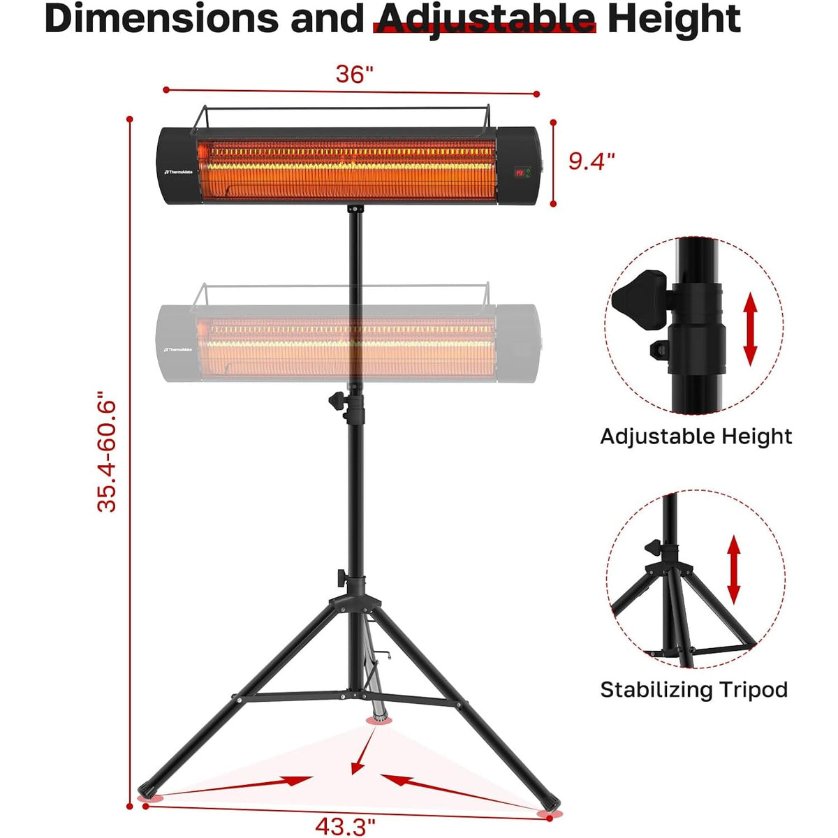 ThermoMate 1500W Infrared Patio Heater with Tripod IP65 Remote 24H Timer Black