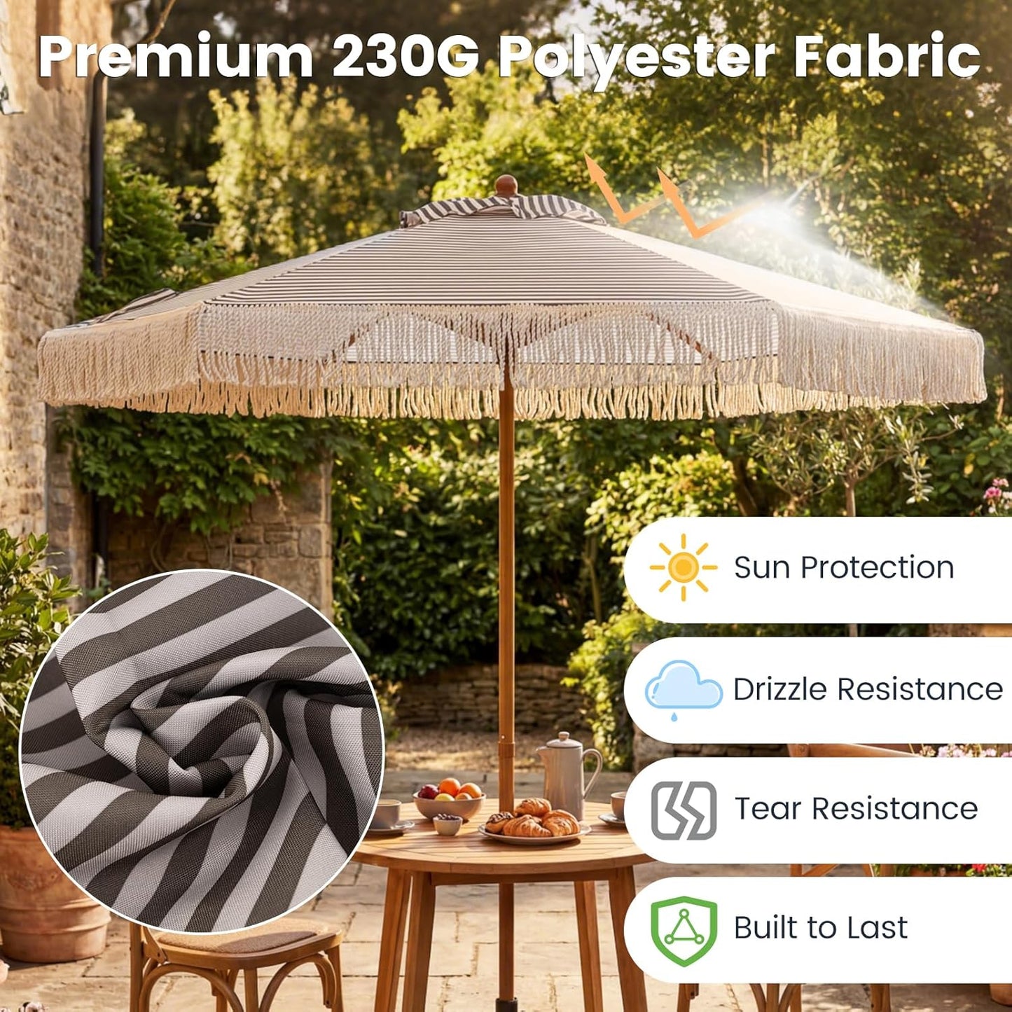 Tangkula 7 Ft Boho Patio Umbrella with Fringe 2 Tier Wood Grain Pole Green/Tan