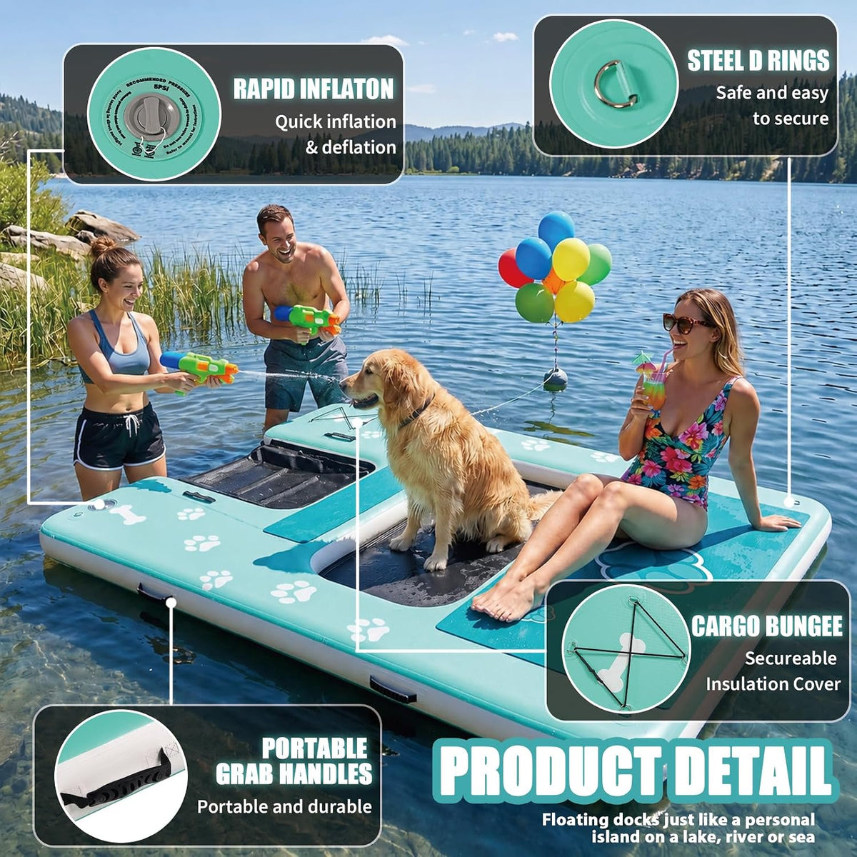 VEBESYET 8x6FT Inflatable Floating Dock Dog Ramp Mesh Swim Platform 6in