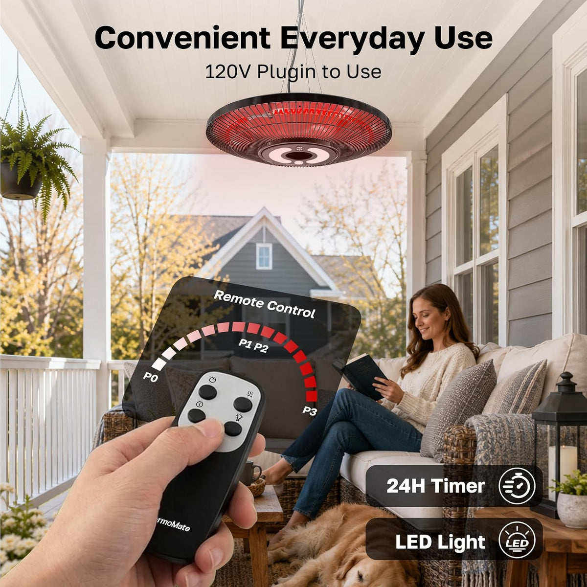 ThermoMate 1500W Hanging Patio Heater IP65 Infrared Ceiling Mount Black