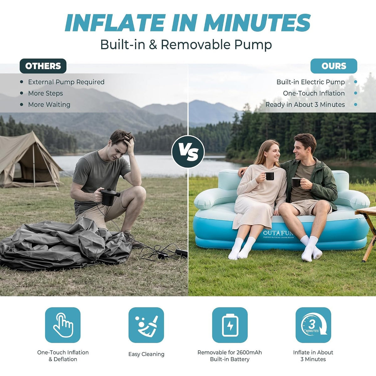 Portable Inflatable Air Couch 661 lb Heavy Duty Rechargeable 1300mAh Pump