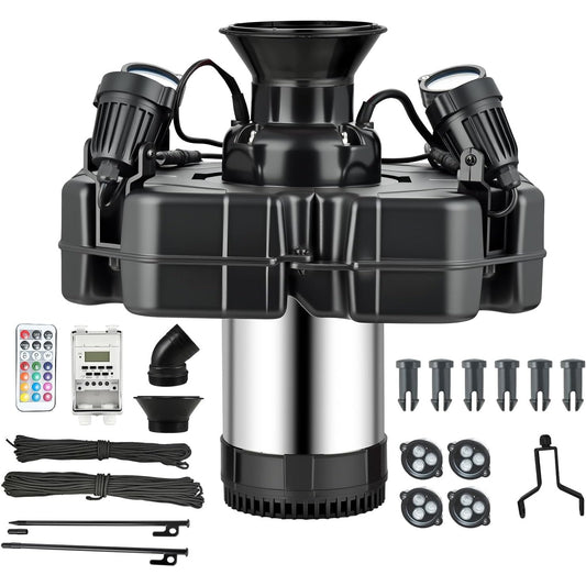 Floating Pond Fountain Aerator 3/4 HP RGB LED Lights Remote Control Outdoor
