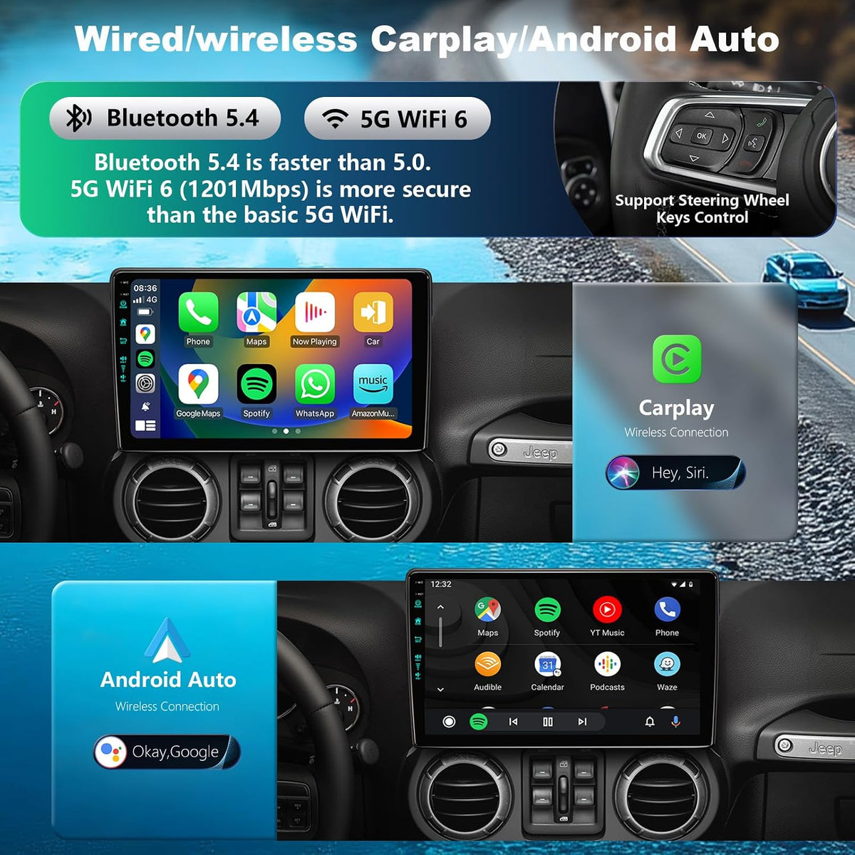 llboiti 10.2" Jeep JK Radio 4+64GB CarPlay Android Auto GPS WiFi 6 Backup Cam