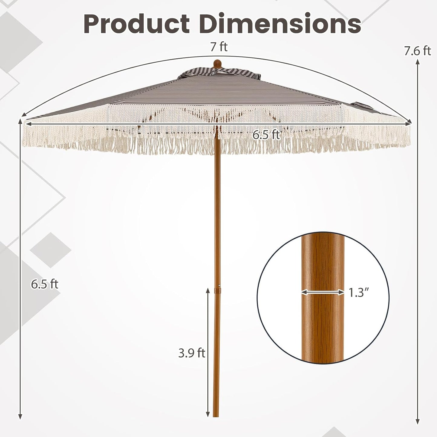 Tangkula 7 Ft Boho Patio Umbrella with Fringe 2 Tier Wood Grain Pole Green/Tan