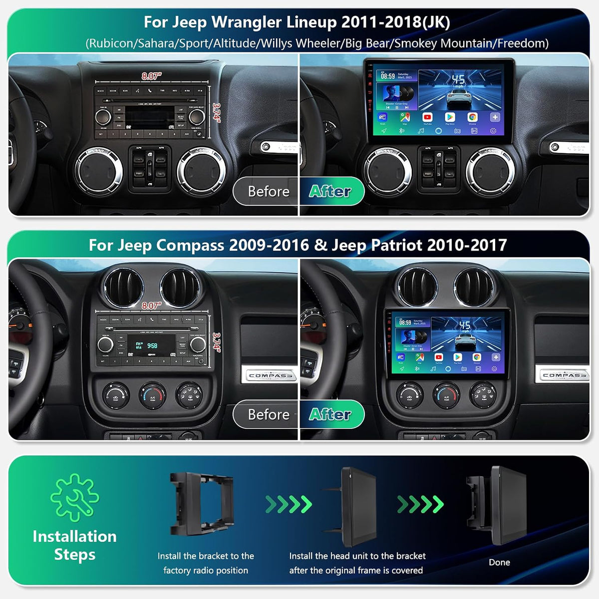 llboiti 10.2" Jeep JK Radio 4+64GB CarPlay Android Auto GPS WiFi 6 Backup Cam