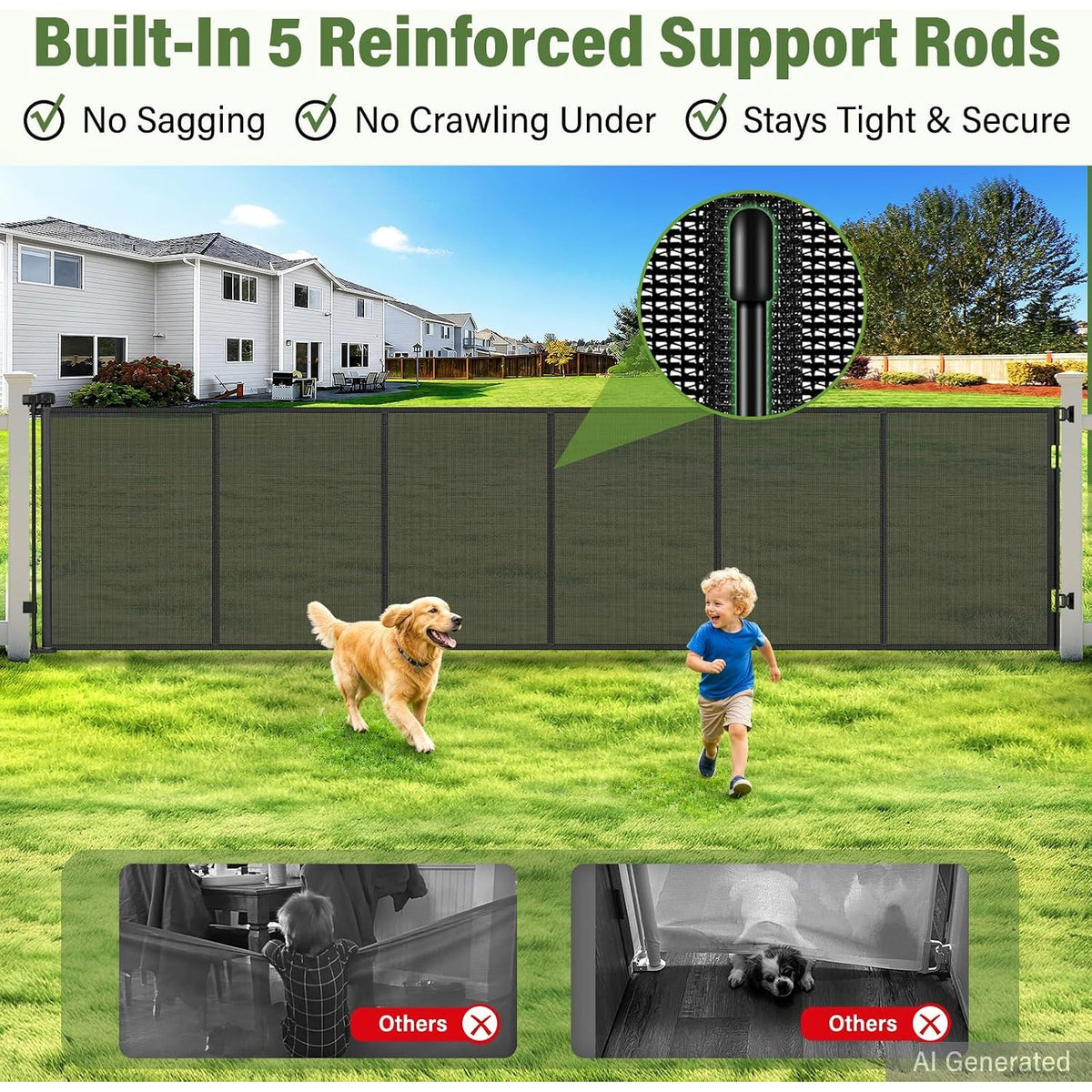 Retractable Baby Dog Gate 48" Tall 180" Extra Wide Mesh Outdoor Deck Black