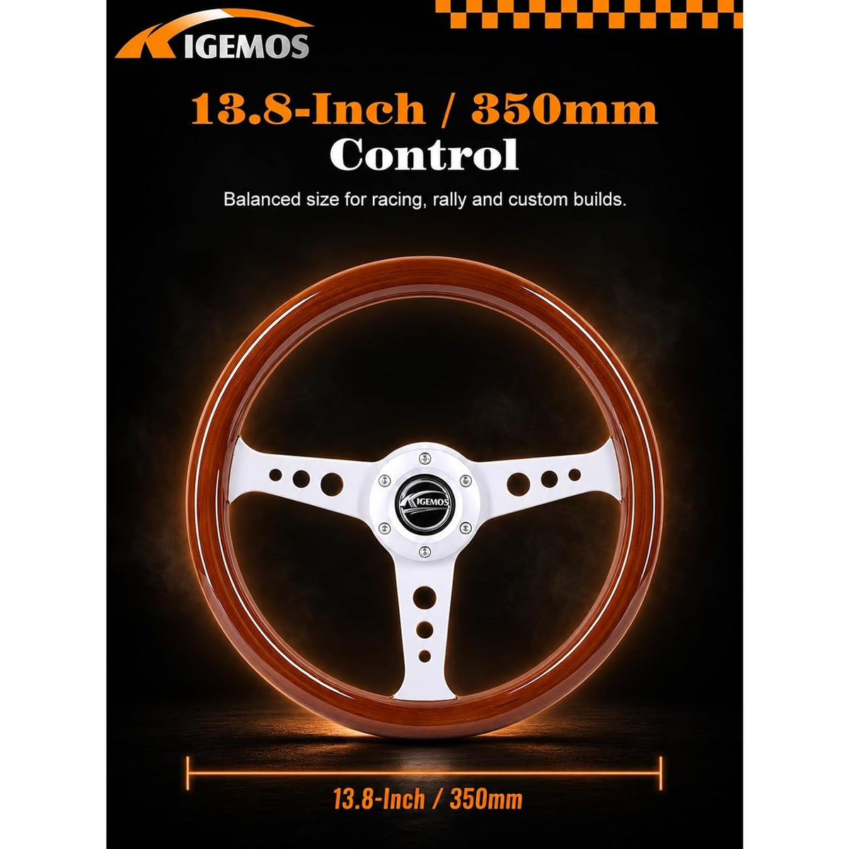 KIGEMOS 350mm 13.8in Peach Wood Chrome Racing Steering Wheel Horn Button