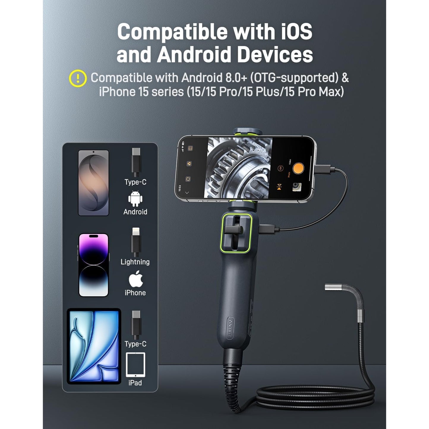 Anykit Articulating Borescope 210 Two-Way 5.5mm Probe 5FT for iPhone Android