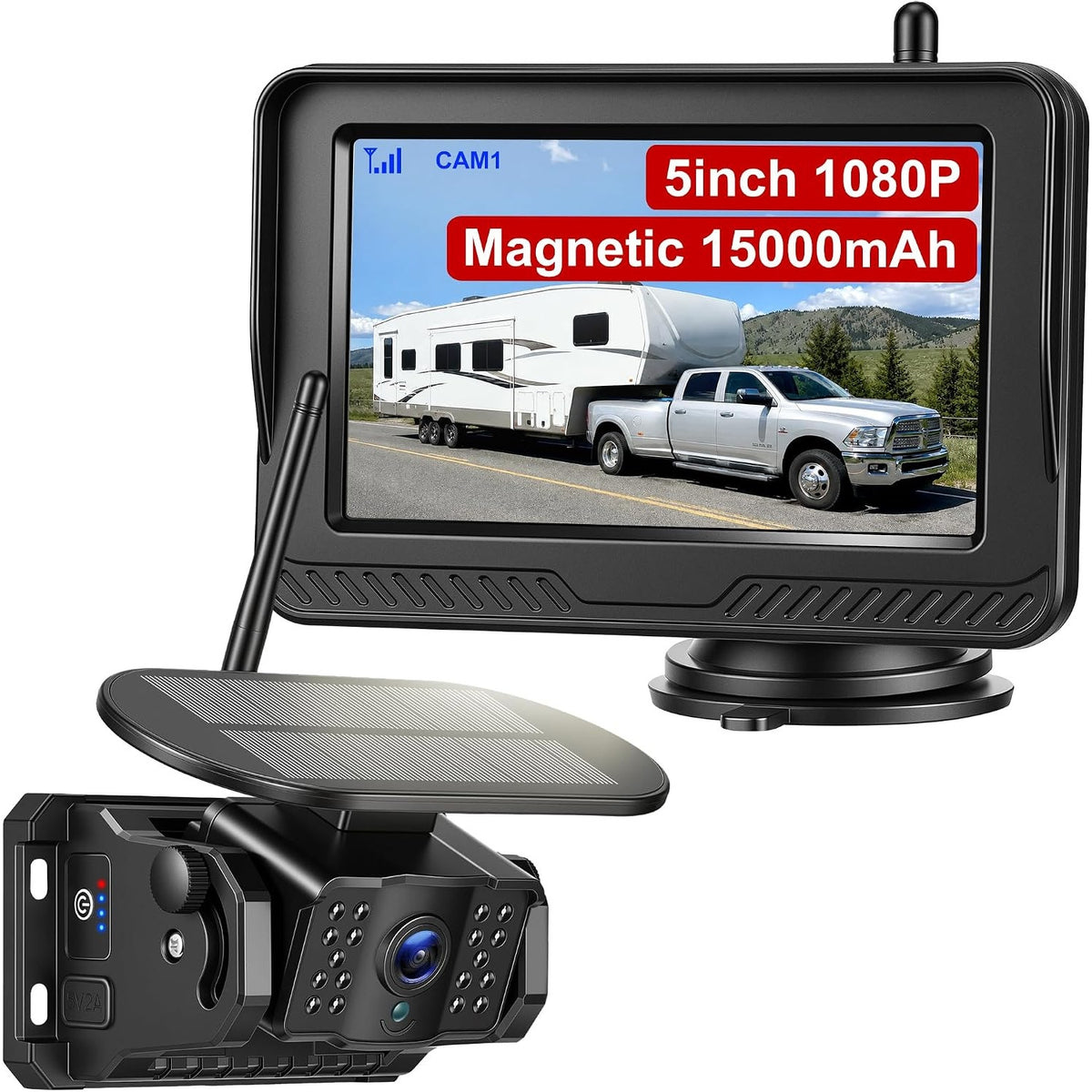 Magnetic Wireless Backup Camera 5.1" 1080P 15000mAh Solar RV Truck Trailer