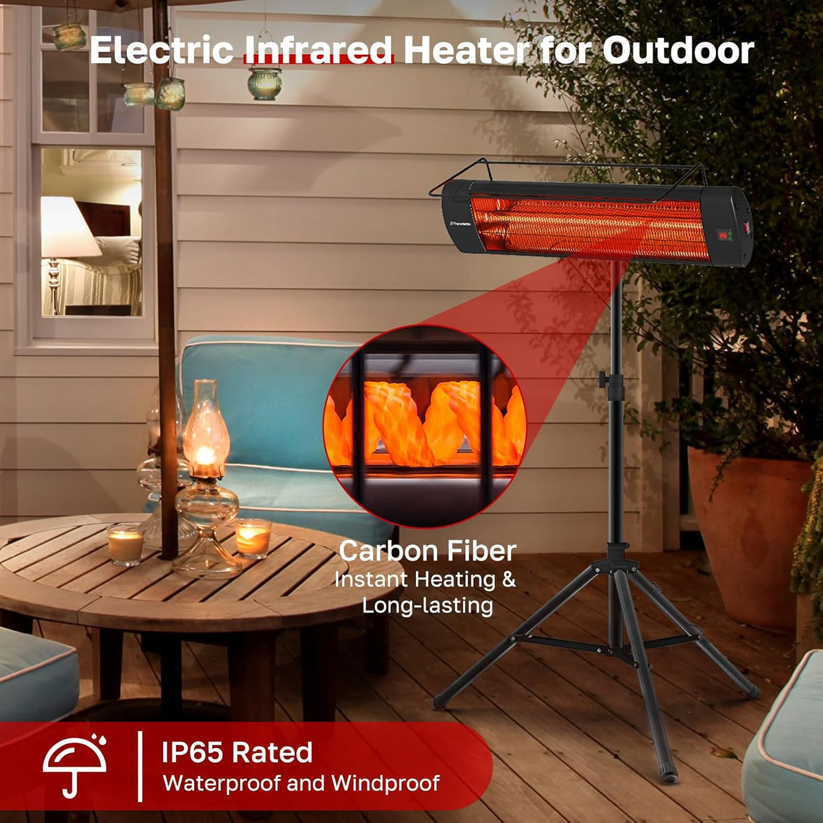 ThermoMate 1500W Infrared Patio Heater with Tripod IP65 Remote 24H Timer Black