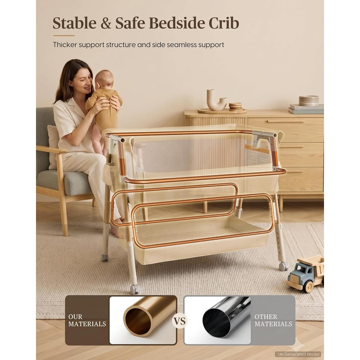 3 in 1 Baby Bassinet Bedside Sleeper Crib 5 Adjustable Heights Mesh Wheels