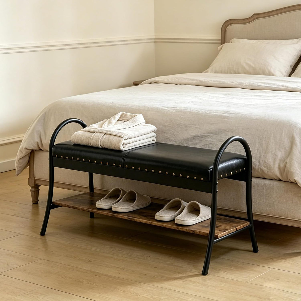 Forteek 39.4in Shoe Bench with Shelf Industrial Faux Leather Entryway Bench