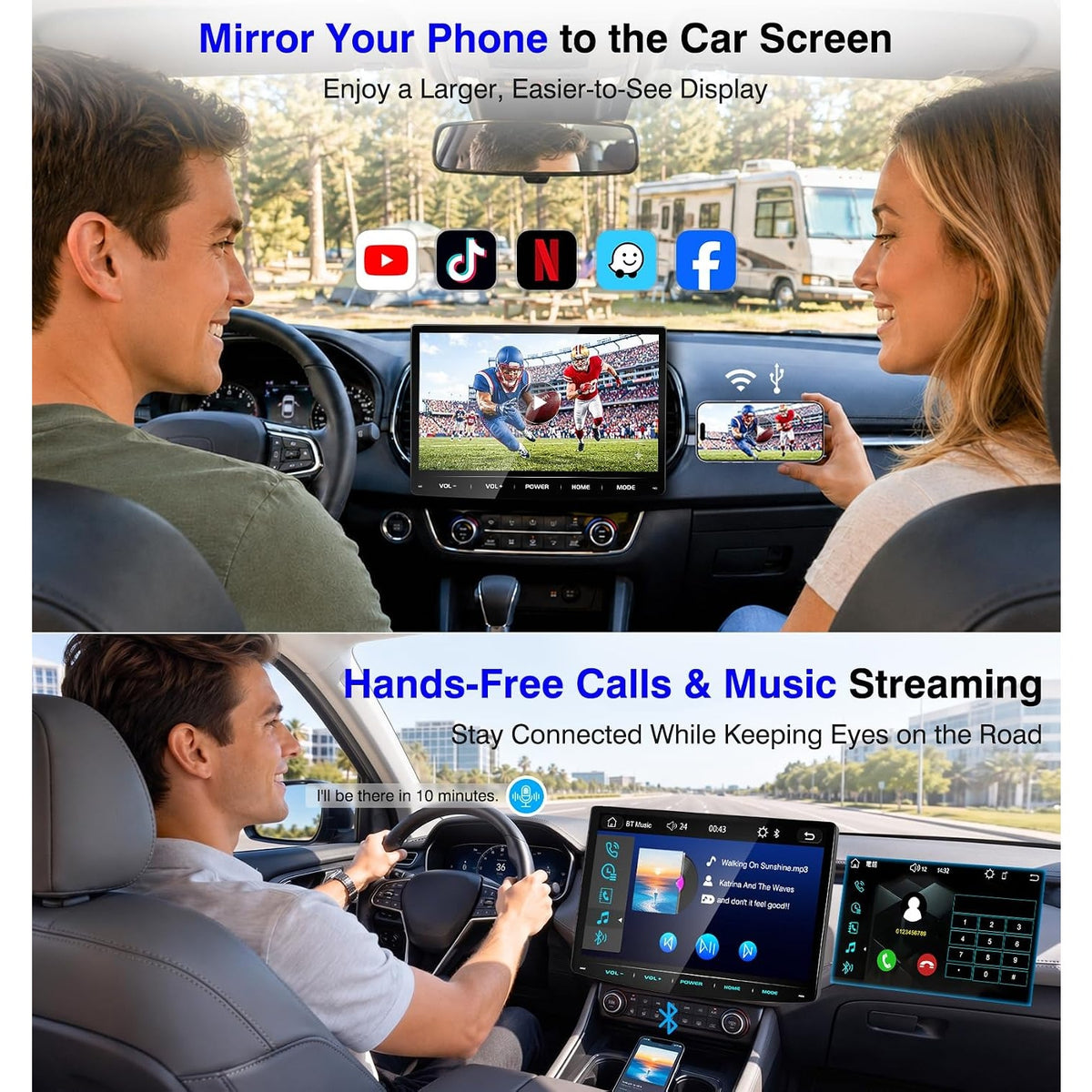 10.1" Double Din Car Stereo Wireless CarPlay Android Auto QLED Backup Camera
