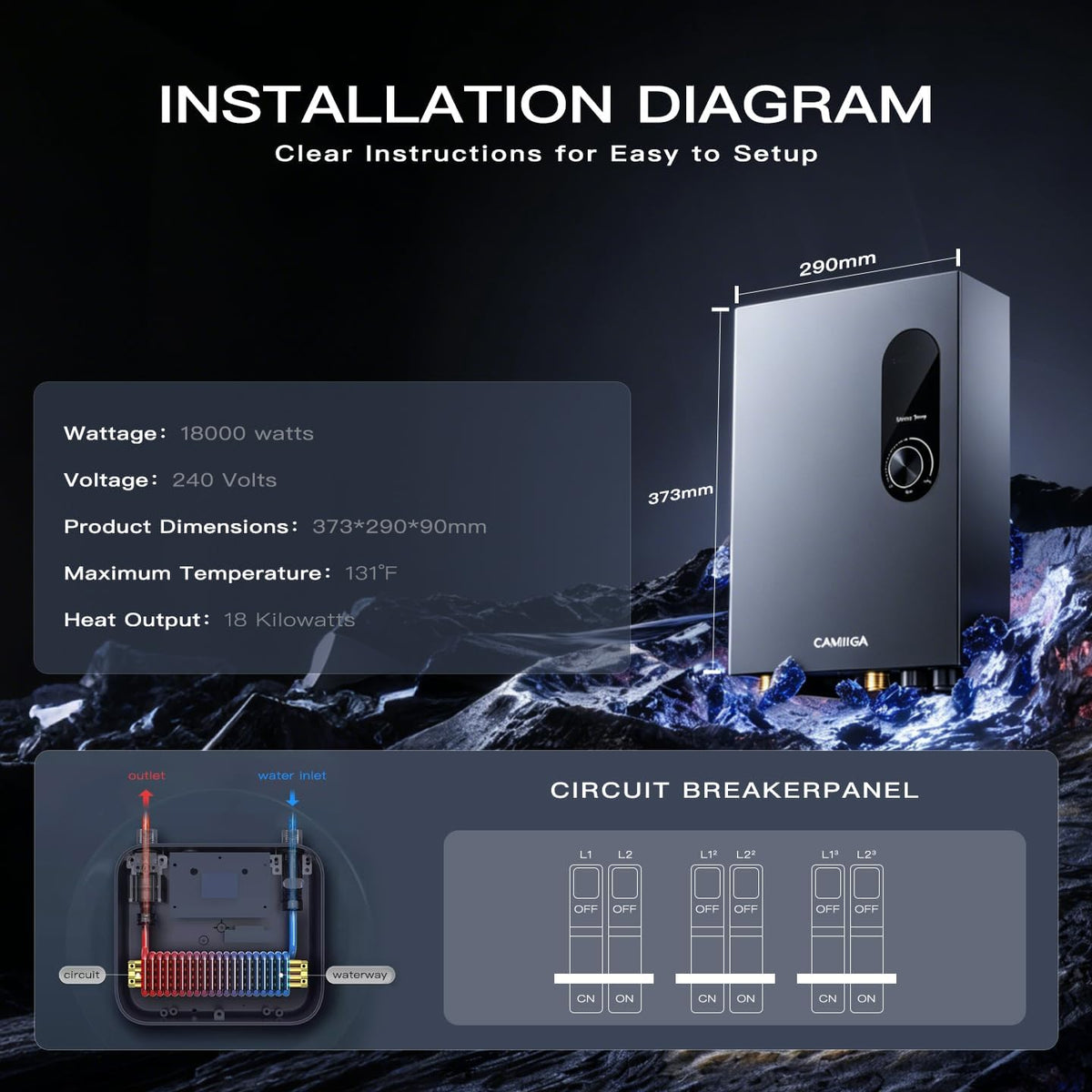 CAMIIGA 18kW Tankless Water Heater 240V 4.4 GPM Electric Self Modulating