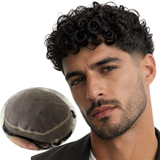 20MM Curly Mens Toupee 8x10 Mono PU 100% Human Hair 1B Hair Replacement