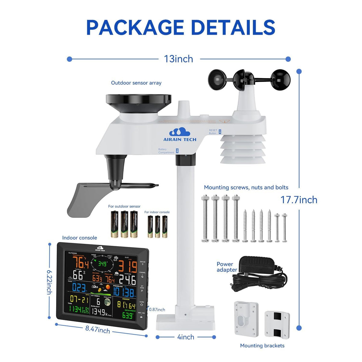 AIRAIN TECH A6 Wireless Weather Station Dual 6.5" Displays Rain Wind Sensor