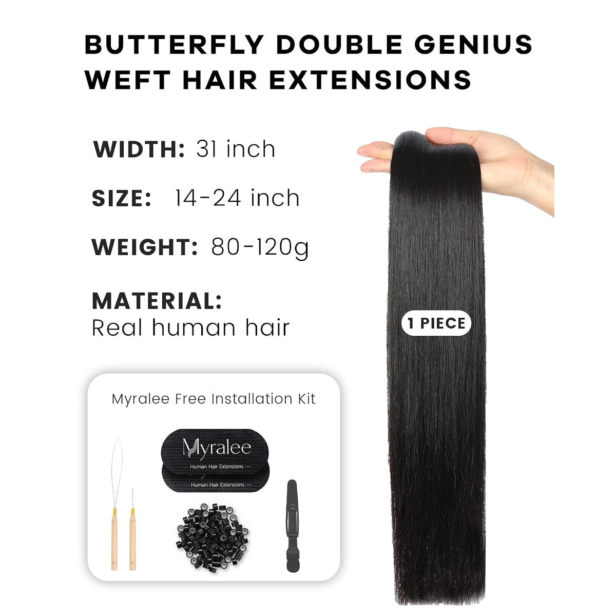 Myralee 22" 120g Butterfly Weft Human Hair Extensions 1B Natural Black