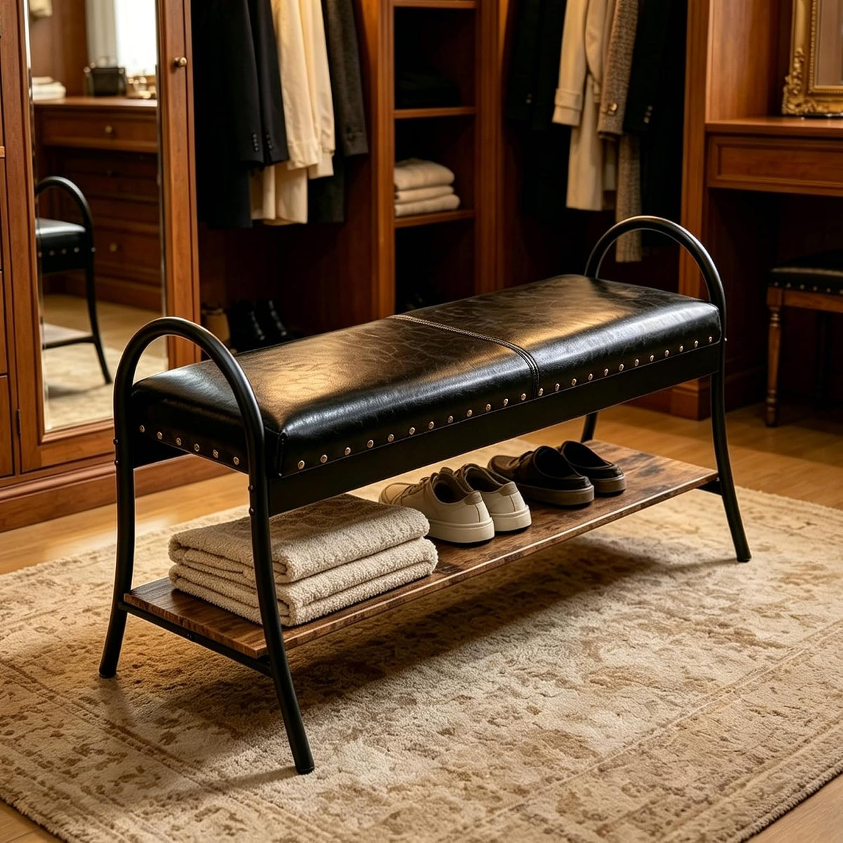 Forteek 39.4in Shoe Bench with Shelf Industrial Faux Leather Entryway Bench