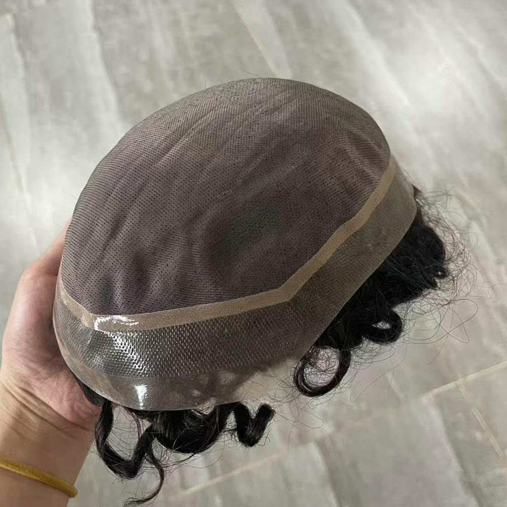 20MM Curly Mens Toupee 8x10 Mono PU 100% Human Hair 1B Hair Replacement