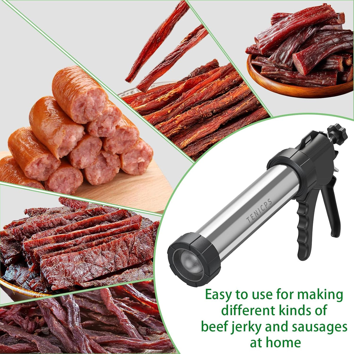 Stainless Steel Jerky Gun Kit Sausage Stuffer 5 Nozzles Meat Maker