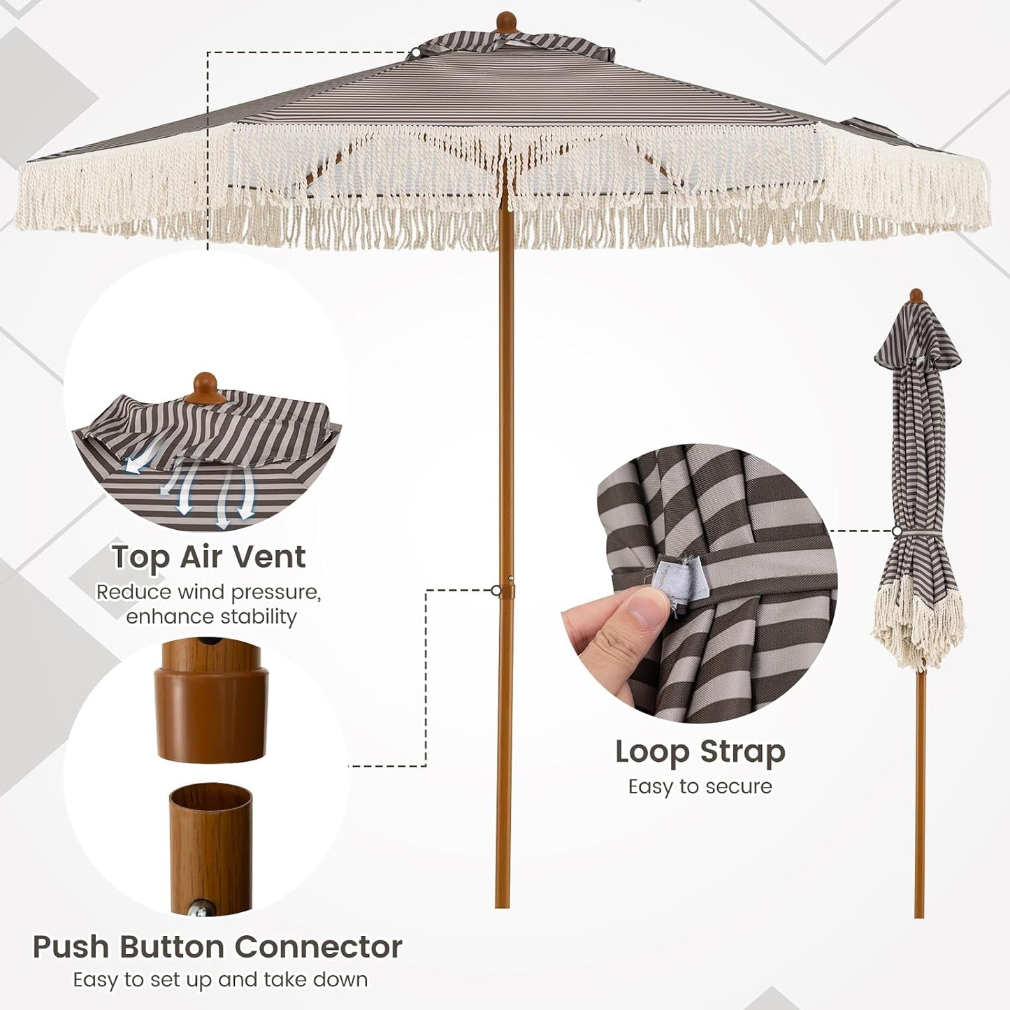 Tangkula 7 Ft Boho Patio Umbrella with Fringe 2 Tier Wood Grain Pole Green/Tan