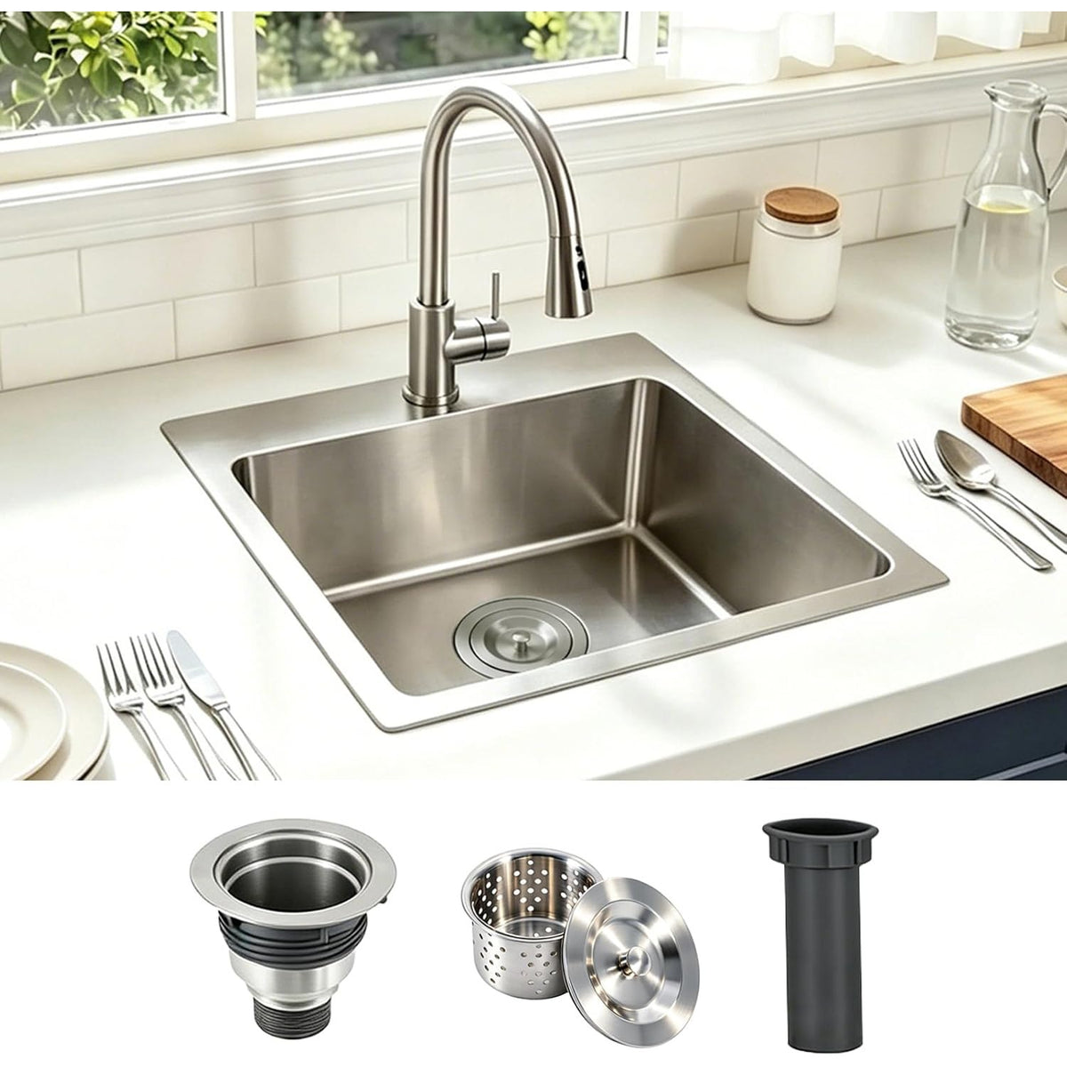 VAPSINT 20x16 Drop In Kitchen Bar Sink 16 Gauge T304 Stainless Brushed Nickel