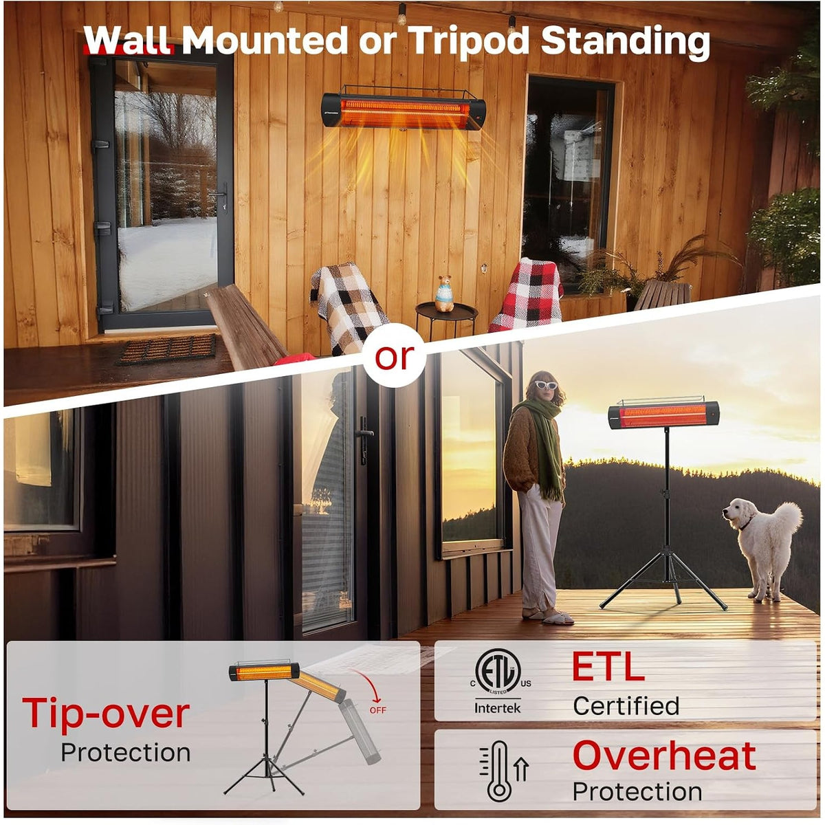ThermoMate 1500W Infrared Patio Heater with Tripod IP65 Remote 24H Timer Black
